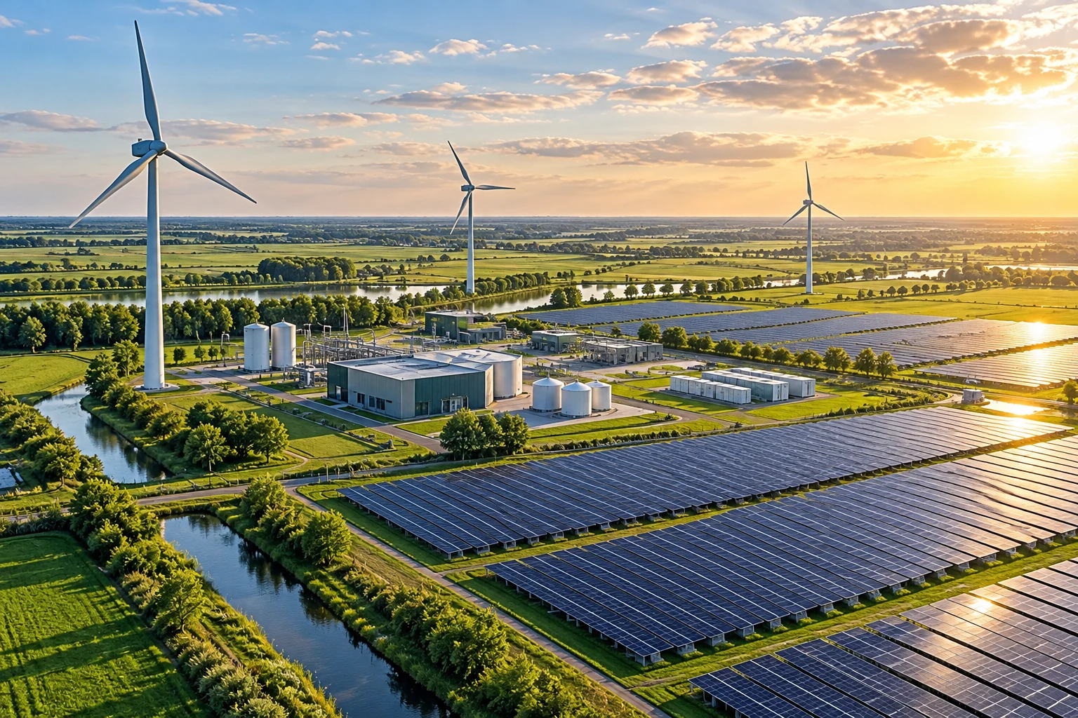 AI-sfeerbeeld van energie en waterstof in een Nederlands landschap